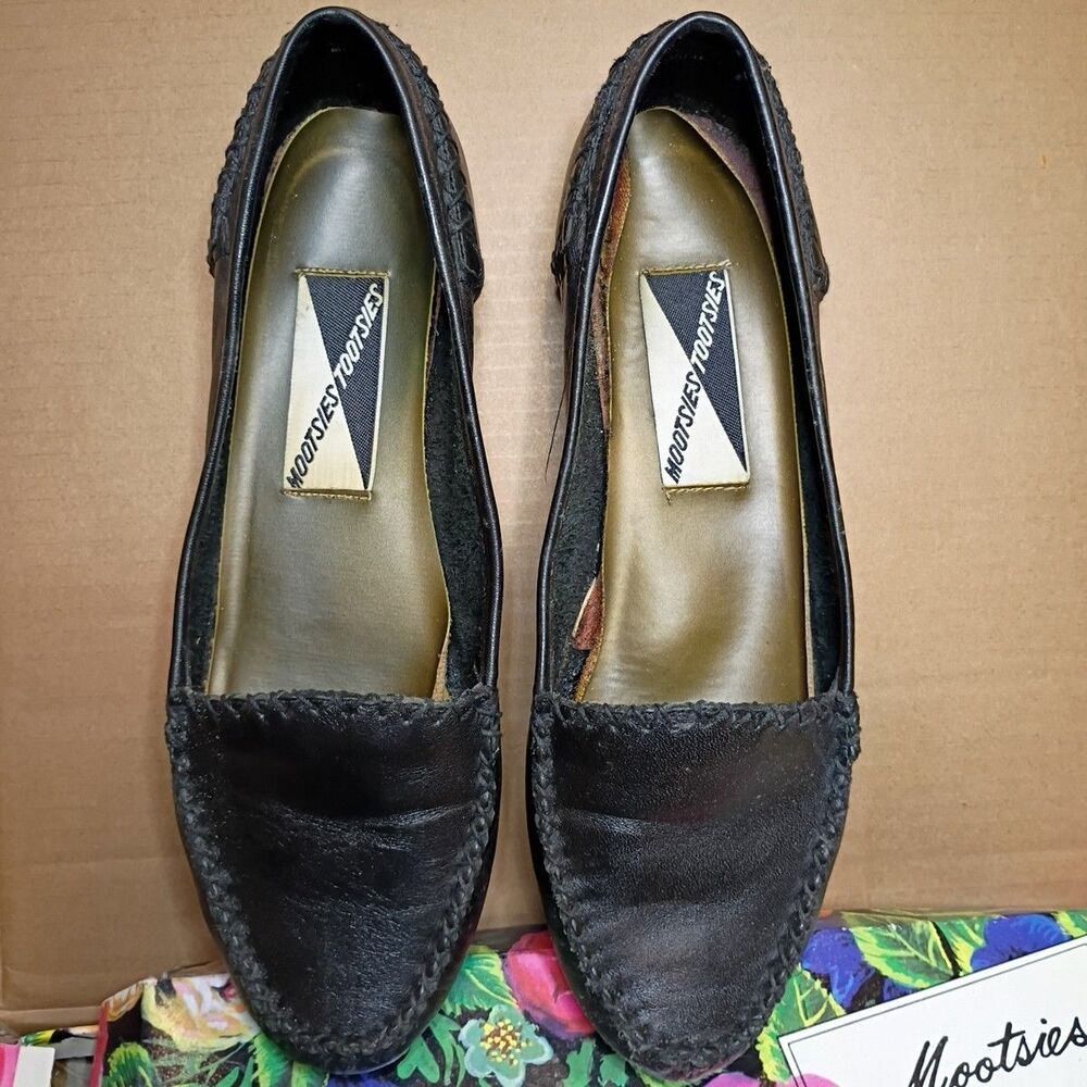 Vintage Y2K Mootsies Tootsies Black Leather 505211 Flats Shoes Sz 7.5 M With Box
